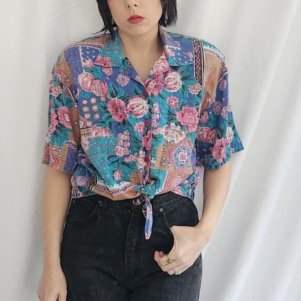 80s Floral Printed Patchwork Top - image 1